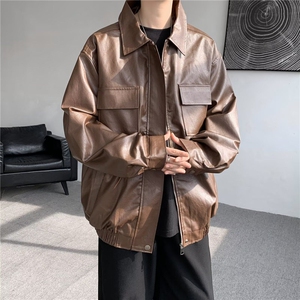 美式复古棕色PU皮飞行员外套男女宽松休闲机车皮衣夹克W6450-P67图片