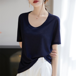 夏凉感莱塞尔针织短袖t恤低领显瘦正肩大领口显瘦上衣大圆领半袖,女装T恤,羊特美羊绒