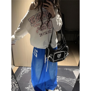 【现货】D5323-特批43美式复古水洗渐变蓝色阔腿抽绳男女运动裤潮图片