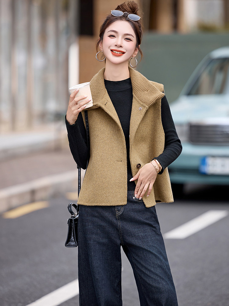 现货2025秋冬新款双面羊毛大衣女韩系宽松中长款高端马甲两件套,女装双面呢大衣,仟媚宠