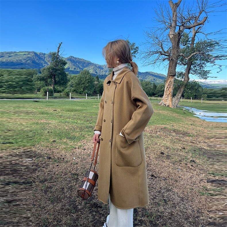 2025年夏季系带中长款长袖纯色时尚百搭大衣简约大方，女装双面呢大衣，蒙绒特