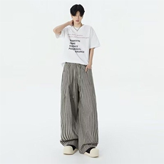 美式复古条纹垂感休闲裤子女2025春秋新款宽松阔腿裤子K6091-P64，男装休闲裤，星座412-3