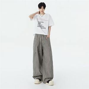 美式复古条纹垂感休闲裤子女2025春秋新款宽松阔腿裤子K6091-P64