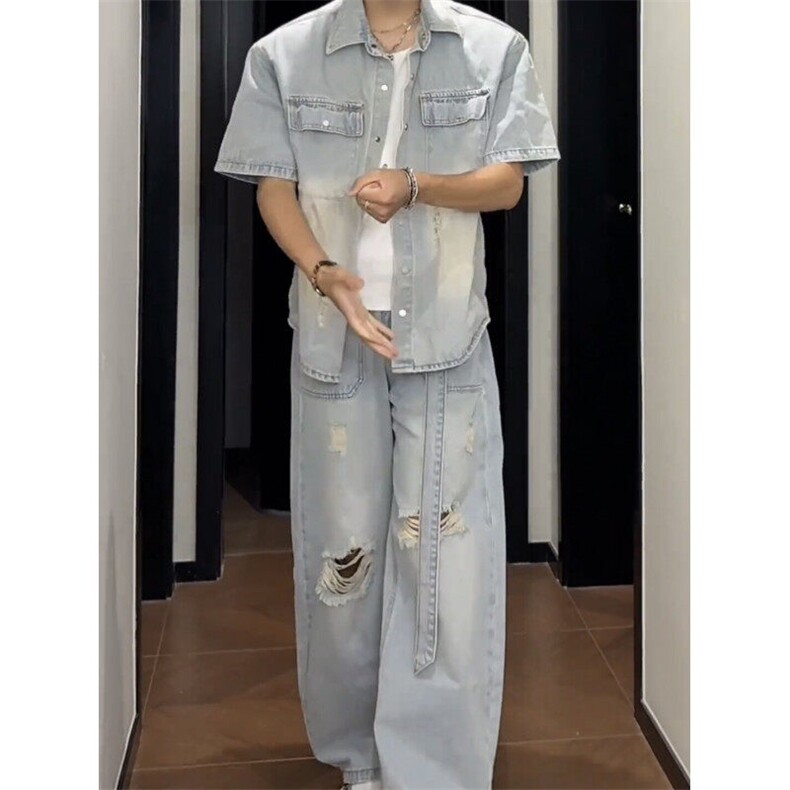 一套套装牛仔短袖衬衫男夏季牛仔裤长裤A138一套特P112,男装牛仔裤,星座1007（原301D）