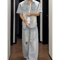 一套套装牛仔短袖衬衫男夏季牛仔裤长裤A138一套特P112，男装牛仔裤，星座1007（原301D）