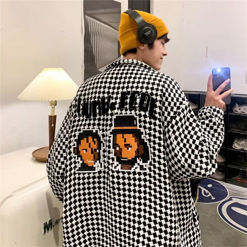 美式复古棋盘格翻领夹克男春秋港风潮牌情侣装休闲外套W5117-P73,男装衬衫,星座512-2