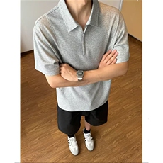半拉链短袖t恤男生夏季美式重磅拼接潮牌宽松五分中袖翻领Polo衫，男装T恤，电商A335-1（原A458）