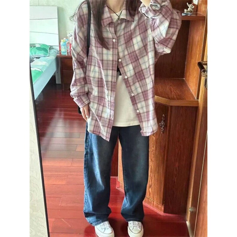 超显白韩系小众设计感格纹长袖宽松衬衫女春秋潮牌休闲衬衣 CA161图片