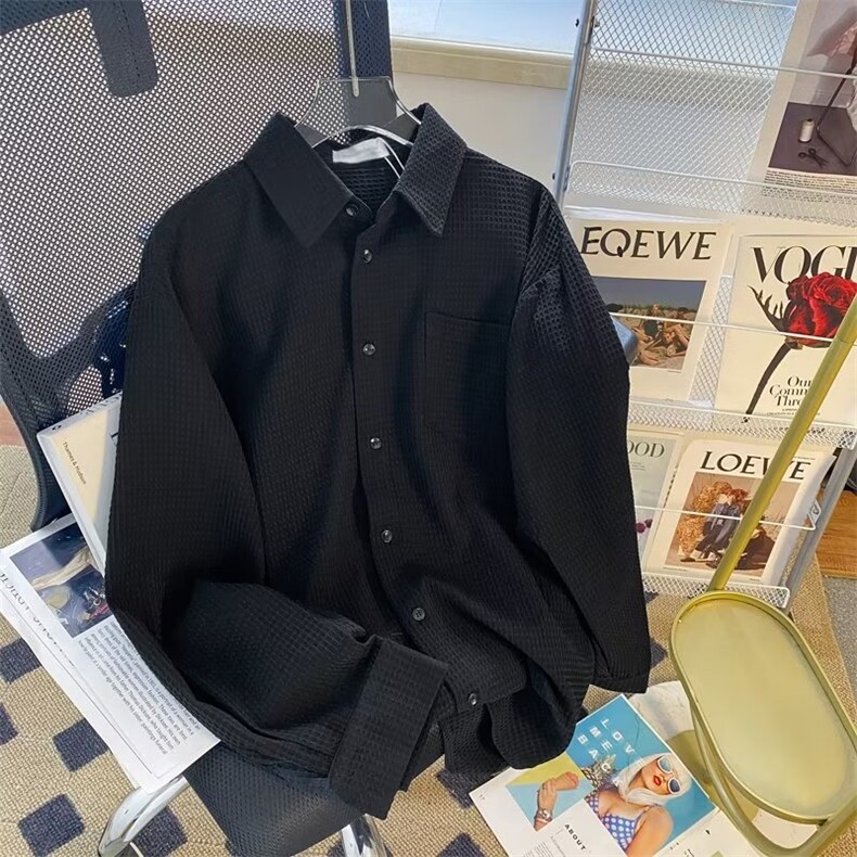 华夫格长袖衬衫男女春秋季设计感高级外套日系ins痞帅衬衣-CS152,男装衬衫,星座601-2