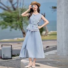 新品现货2025夏装水洗轻薄牛仔套裙两件套女，女装套装/套裙，苗苗