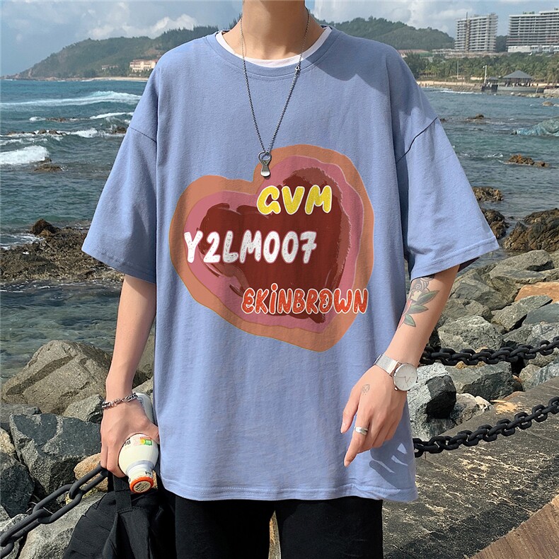 港风圆领青春休闲大码男运动日系原宿潮流男士短袖宽松DT708P25图片