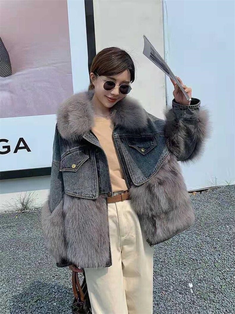 御姐范儿洋气牛仔拼接狐狸坎毛内胆90%羽绒皮草外套,女装皮草,L·H·X