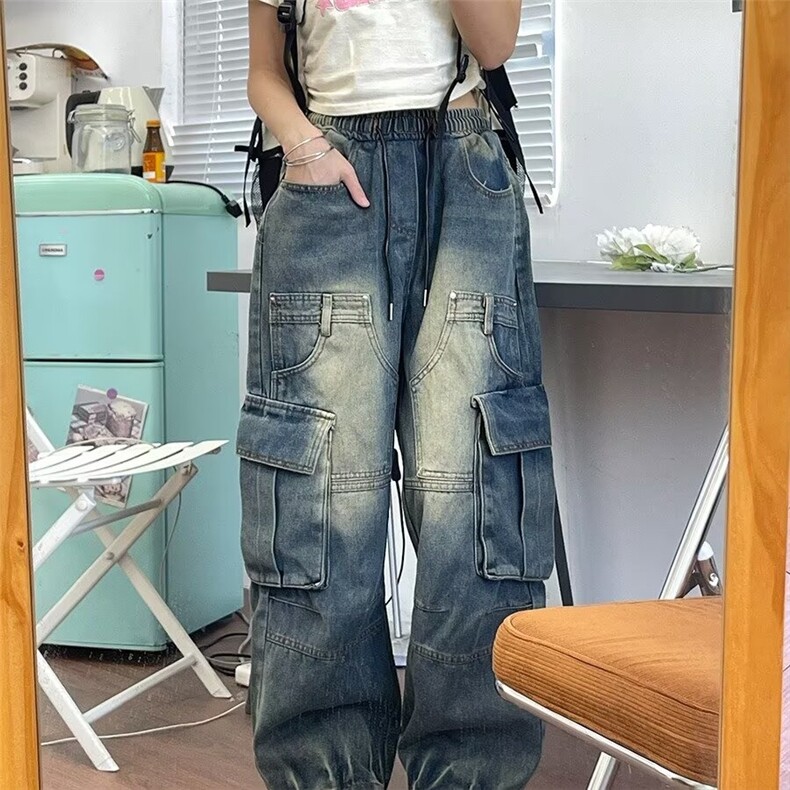 美式街头风多口袋水洗工装牛仔裤男女宽松阔腿长裤潮N1115-P62,男装牛仔裤,星座208-5