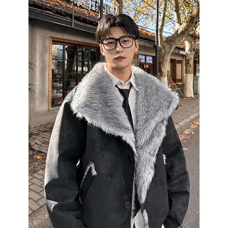 座山雕交襟扣高立领翻领皮棉衣仿水貂毛游牧加棉外套987P128，男装棉衣，电商A458A