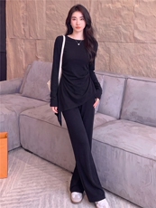 女春秋高级感穿搭一整套时尚气质套装不规则长袖上衣微喇裤两件套，女装套装/套裙，江南