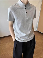 网图！夏季亨利领T恤解构设计感美式高级宽松短袖-EX50977-特批30，男装T恤，电商A061