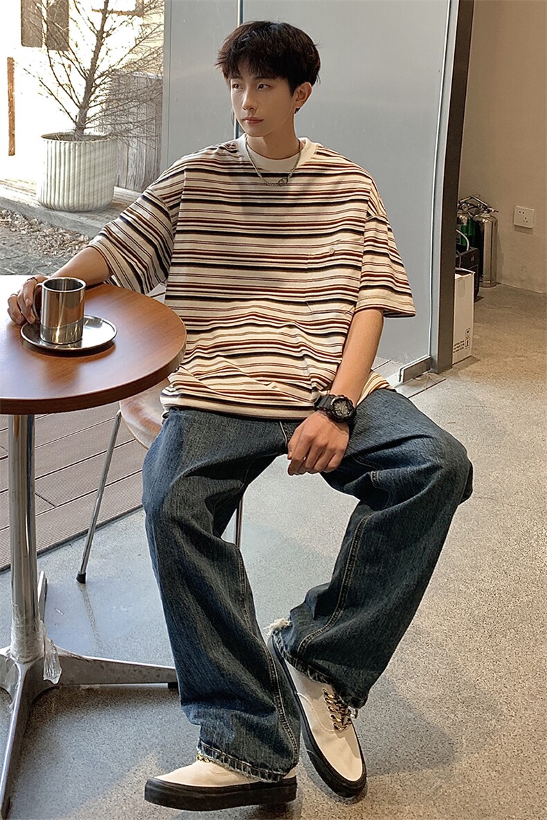 港风条纹短袖T恤男大码立体口袋设计短袖T恤男DT8768P40控59,男装T恤,星座226-1