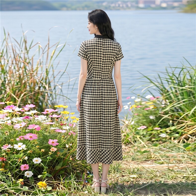 弹力面料学院风格纹连衣裙女春夏收腰显瘦中长裙格子裙子,女装连衣裙,水衣源