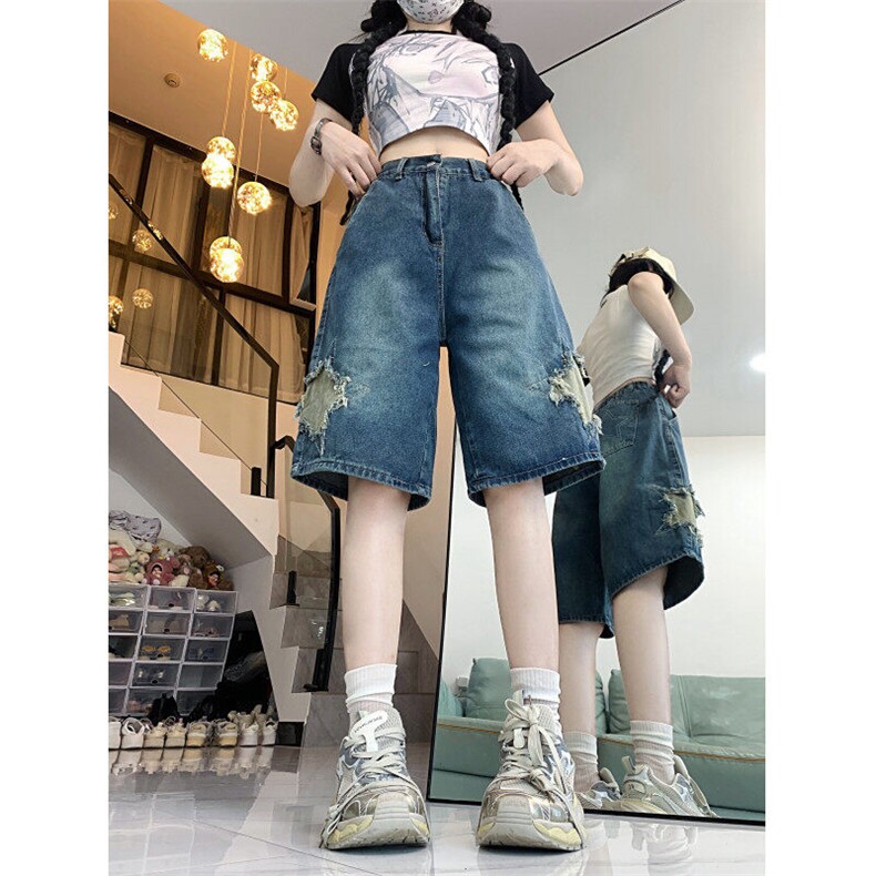 2244-P49复古牛仔星星五分裤直筒宽松阔腿休闲中裤高腰夏季，男装牛仔裤，电商A306A