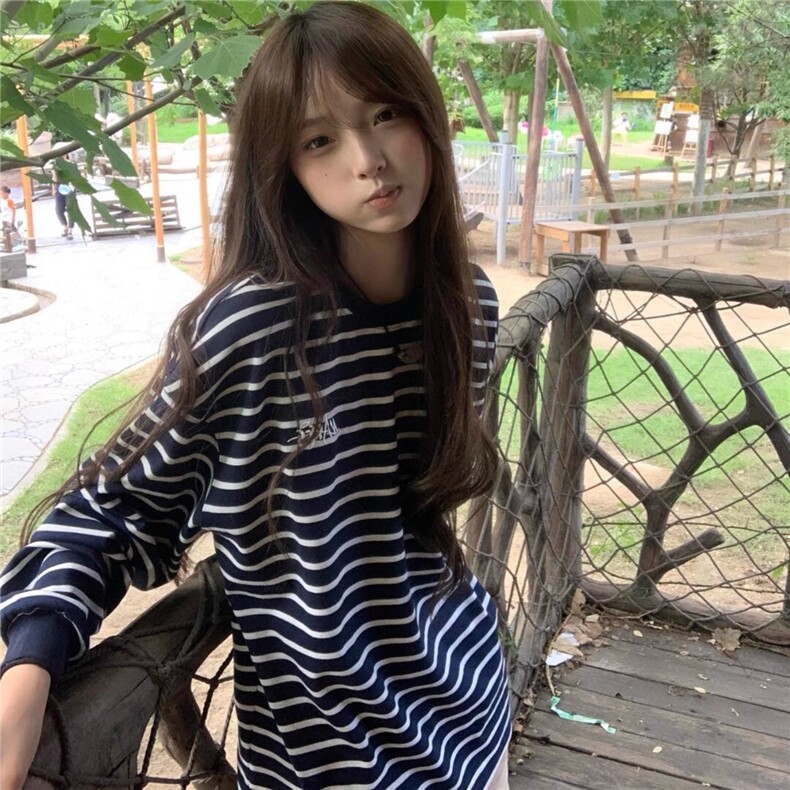 条纹打底衫2025年春季秋冬新款大码宽松内搭打底衫长袖t恤女上衣,男装T恤,星座506A