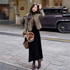 小香风丝绒套装裙2025早秋季新款巨好看的轻奢高级感女人味两件套，女装套装/套裙，雅静靓衣