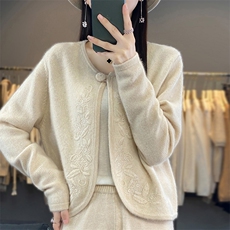 开衫女圆领绣花秋冬新款百搭外套毛衣羊毛针织上衣，女装羊毛衫，江南羊绒