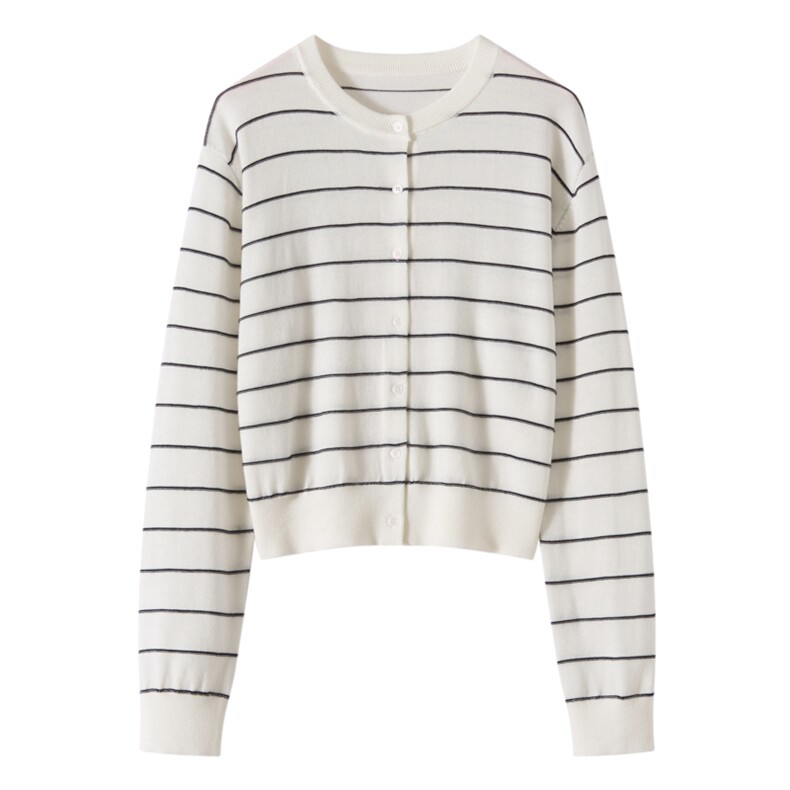 2025年秋季直筒型通勤加厚条纹圆领开衫，女装羊毛衫，东远绒业