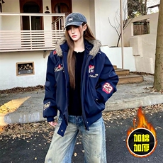 现货高品质美式高街重磅刺绣座山雕大毛毛领棉衣男女加厚棉服外套，男装棉衣，电商A486