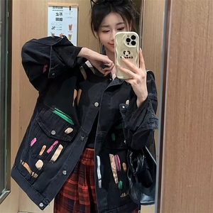 887-P52 彩色涂鸦牛仔外套女春秋新款大码胖MM设计感小众图片