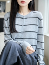 常规款条纹针织开衫女士圆领叠穿长袖针织显瘦休闲打底毛衣小外套，女装针织衫/毛衣，暖绒情旗舰店