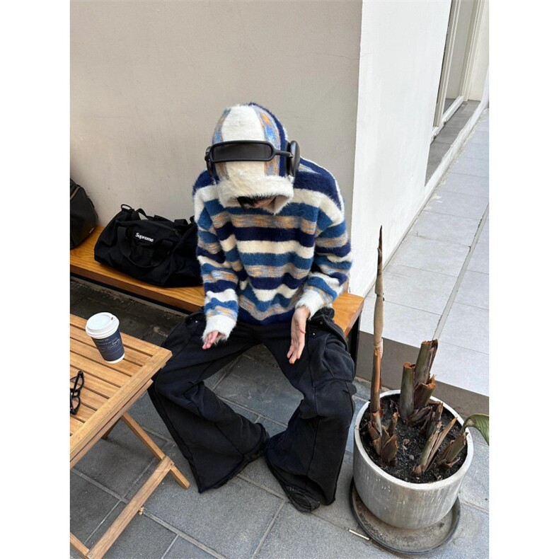 【有货】MY366CC-特P58水貂毛条纹连帽毛衣男慵懒风针织衫外套,男装针织衫/毛衣,星座1007（原301D）