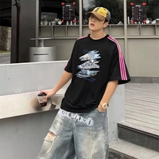 抖音得物品质二开240克宽松纯棉美式潮牌印花三条杠中性风短袖T恤，男装T恤，电商A486