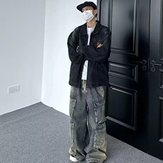 高街水洗解构渐变多口袋工装牛仔裤男抽绳宽松阔腿裤G882-P65，男装牛仔裤，星座1001-1