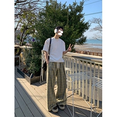 美式高街重磅毛呢格子休闲裤子男秋季潮牌青少年宽松阔腿弯刀长裤，男装休闲裤，电商A001