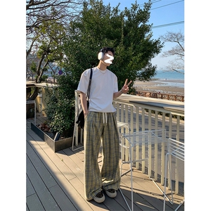 美式高街重磅毛呢格子休闲裤子男秋季潮牌青少年宽松阔腿弯刀长裤图片