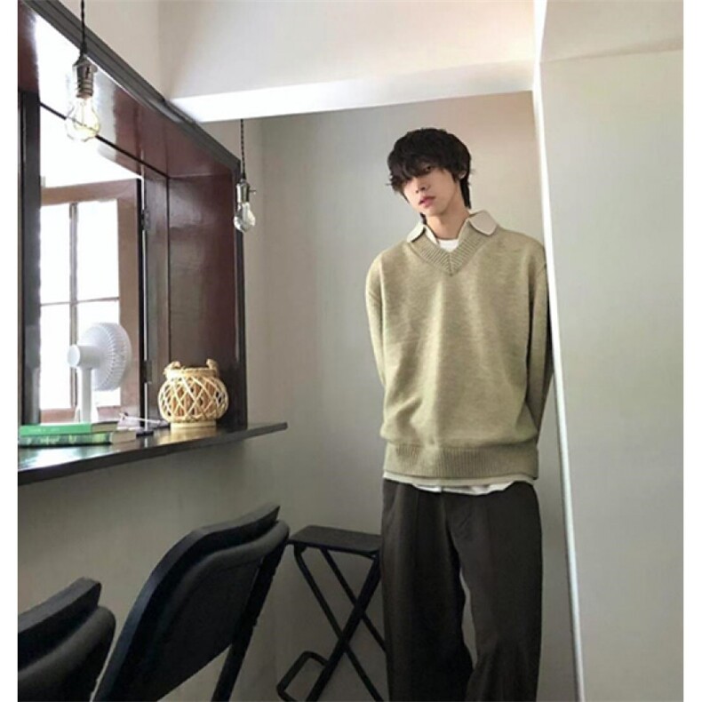 青少年ins潮V领燕麦色假两件拼接针织衫毛衣男款冬季纯色MB176,男装针织衫/毛衣,星座1116A（原606A-3）