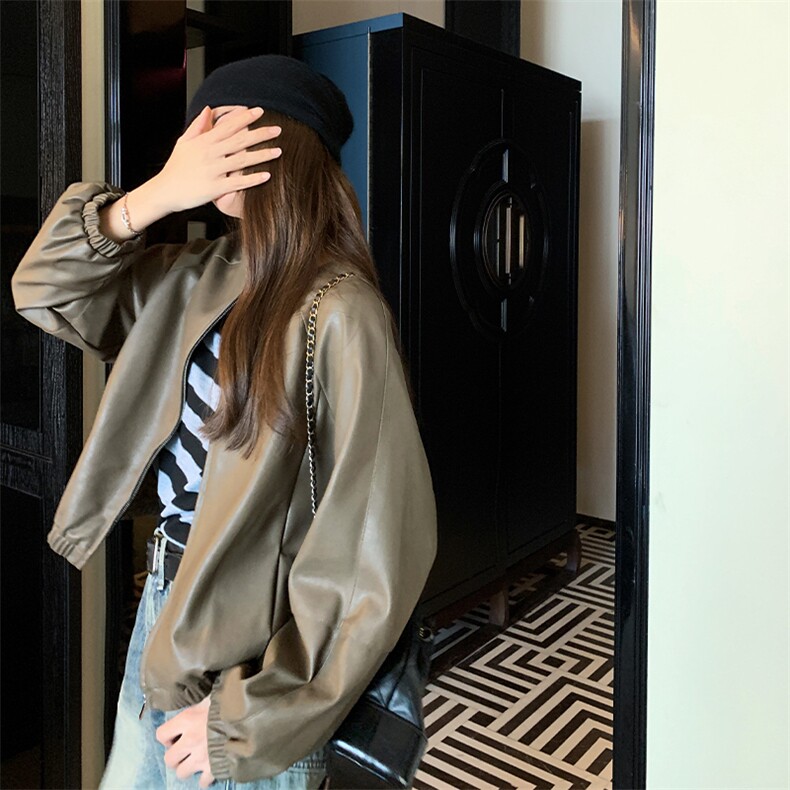 美式复古短款皮衣外套女2024秋季新款做旧减龄小个子炸街夹克上衣,女装皮衣,浙宝285（原212）