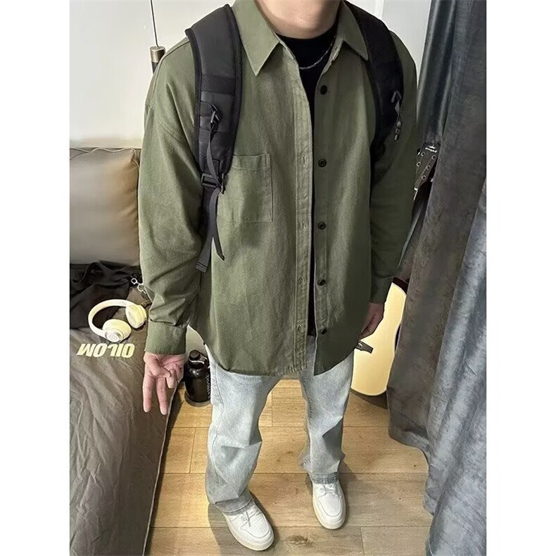 C09-P35山系军绿色工装衬衫男美式休闲冰丝宽松长袖衬衣,男装衬衫,电商B323A