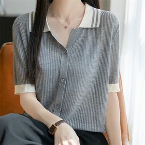 夏新款女士撞色翻领短袖开衫时尚薄款半袖Polo衫休闲夏装内搭上衣图片