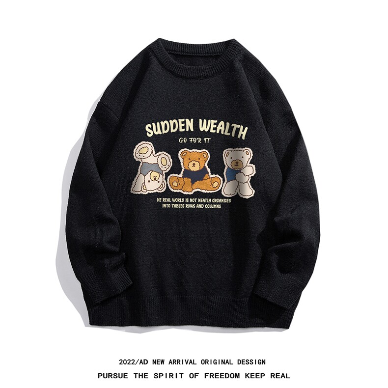 白底22秋冬新款潮流趣味小熊印花保暖圆领套头毛衣M1059P50控68，男装针织衫/毛衣，电商A247-1