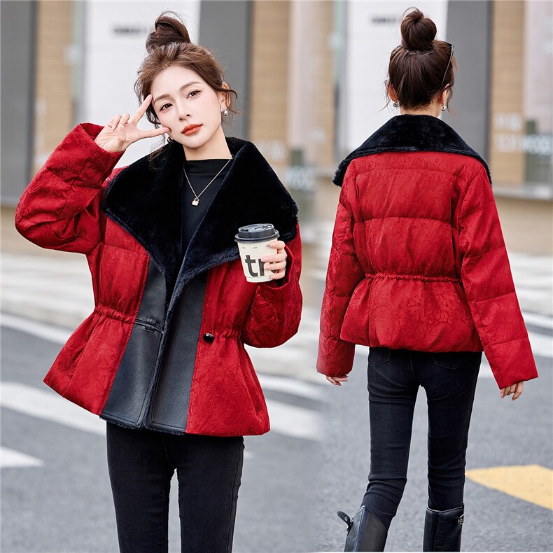 新中式G风羽绒服女2025冬季新款毛毛领拼接提花保暖白鸭绒外套,女装羽绒服,冬木谷雨