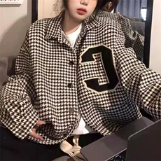 女装小香风千鸟格外套女春秋宽松百搭炸街夹克上衣ins潮毛呢外套，男装夹克，四季星座505