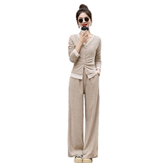时尚修身显瘦假两件套装女2024春装长袖T恤+高腰阔腿长裤两件套，女装套装/套裙，江南女神