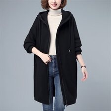 大码夹棉卫衣女士中长款遮屁股2024新款秋冬加厚拉链开衫连帽外套，女装卫衣/绒衫，莜菲儿