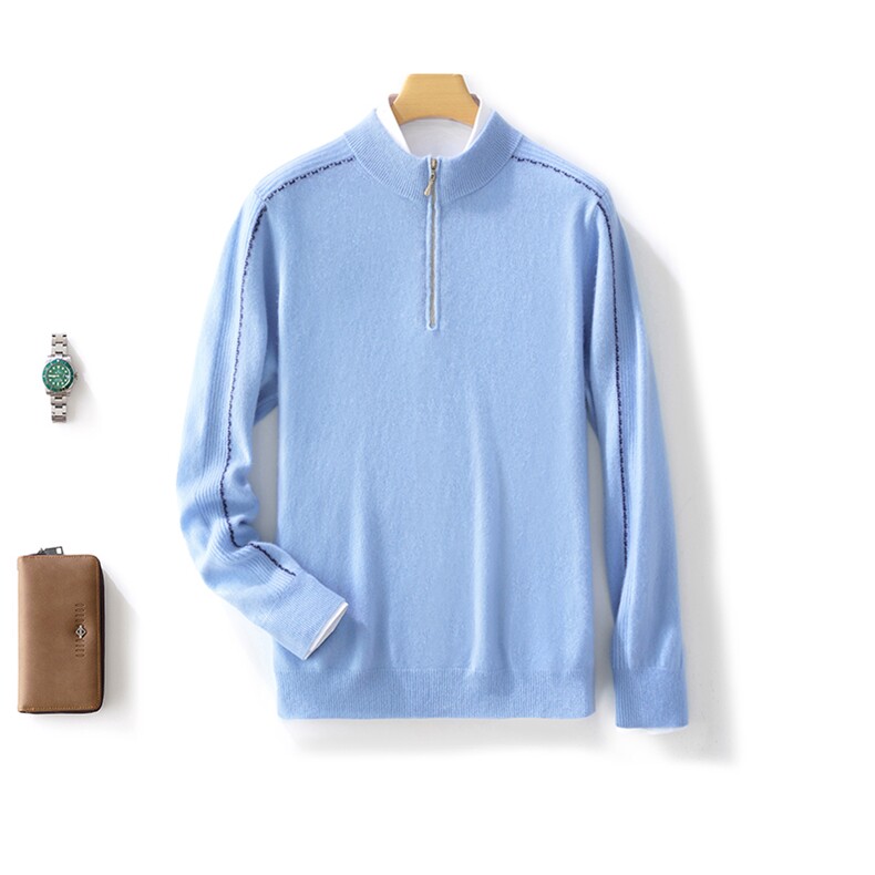 时尚男士秋冬新款羊毛拼色半高领拉链毛衣修身显瘦保暖针织衫，男装羊毛衫，邓利维