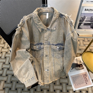 水洗复古废土风牛仔外套男春秋季美式复古设计感小众宽松短款夹克图片