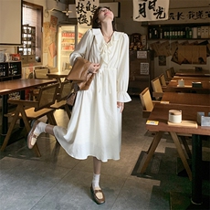 白色甜美荷叶边拼接连衣裙女2025春季新慵懒风时尚气质宽松长裙子，女装连衣裙，C位