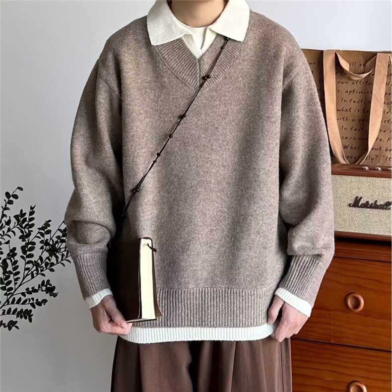 秋冬季韩系加厚假两件polo领针织衫宽松保暖休闲男女毛衣MY3207图片