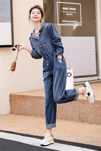 时尚显瘦牛仔连体裤抽绳收腰设计百搭休闲风，女装连体裤，钱塘布衣
