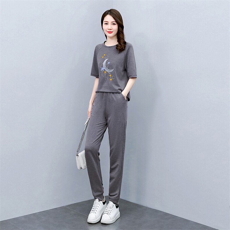 宽松运动服时尚两件套女休闲透气简约年短袖夏季套装减龄大码,女装套装/套裙,梦依杭